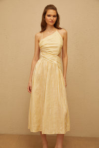 Fabienne Yellow Asymmetrical Striped Midi Dress