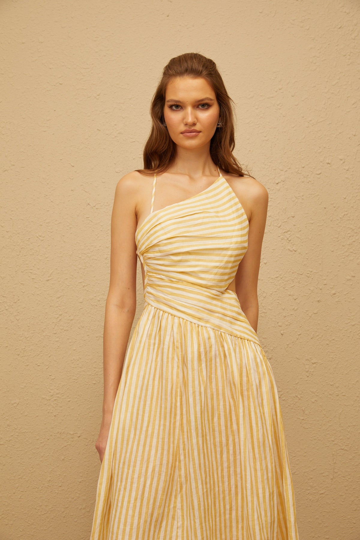 Fabienne Yellow Asymmetrical Striped Midi Dress