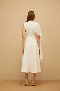 Léopoldine White Asymmetrical Shawl Midi Dress