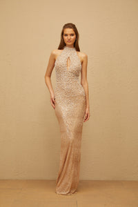Adél Neutral Halterneck Embellished Maxi Gown