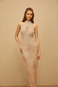 Adél Neutral Halterneck Embellished Maxi Gown