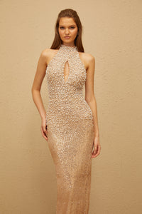 Adél Neutral Halterneck Embellished Maxi Gown