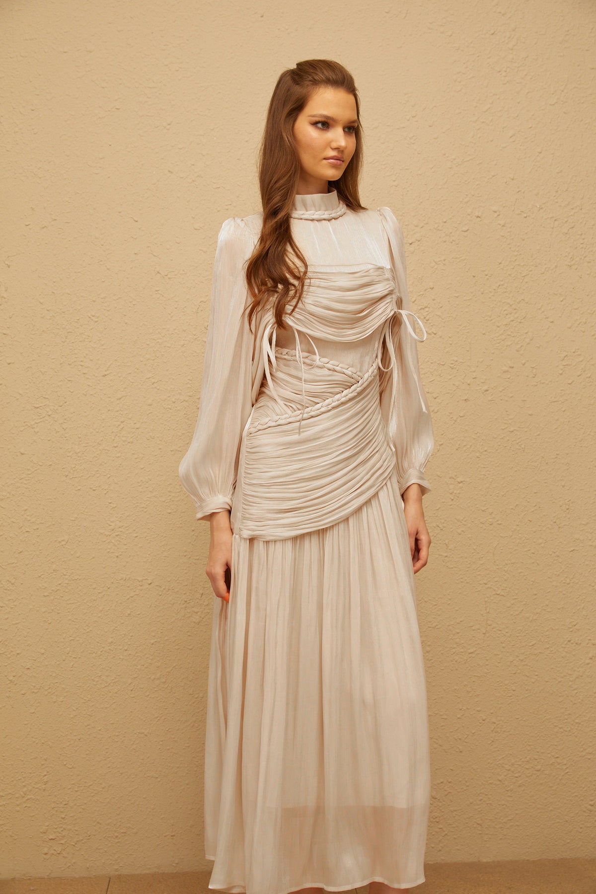 Amour Grey Ruched Glossy Maxi Dress
