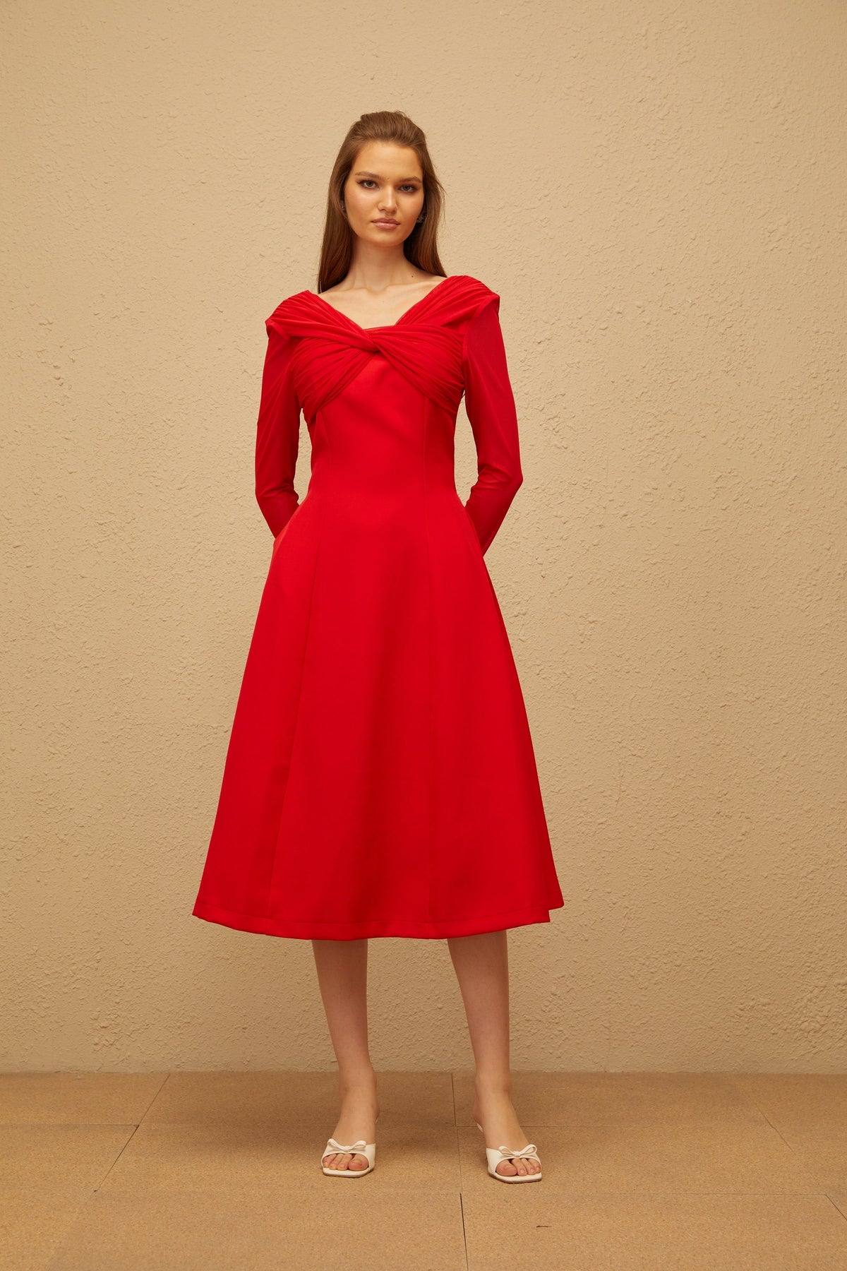 Colette Red Twisted Mesh Panel Midi Dress