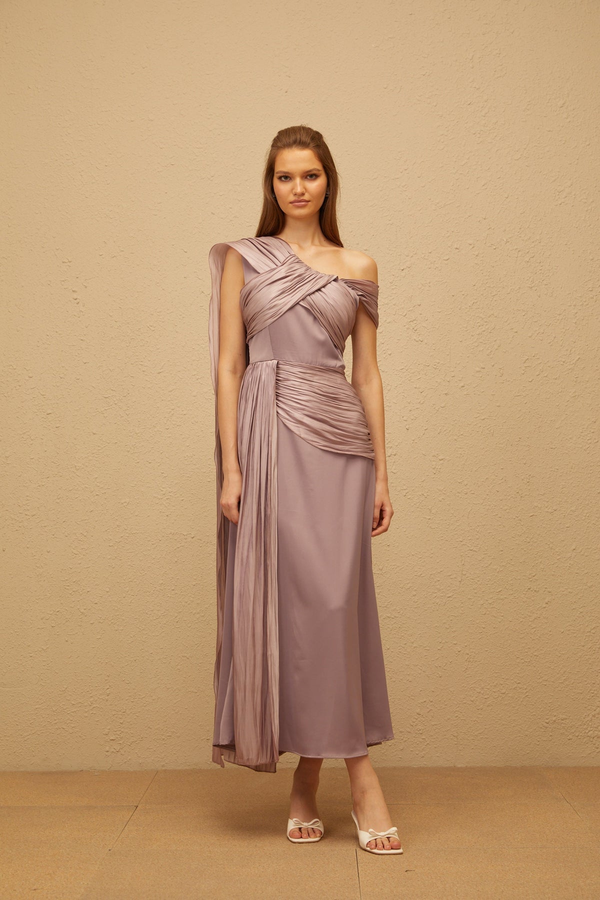 Judith Purple Ruched Glossy Ribbon Maxi Dress