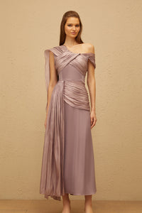Judith Purple Ruched Glossy Ribbon Maxi Dress