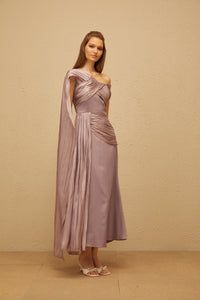Judith Purple Ruched Glossy Ribbon Maxi Dress