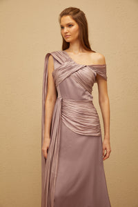 Judith Purple Ruched Glossy Ribbon Maxi Dress