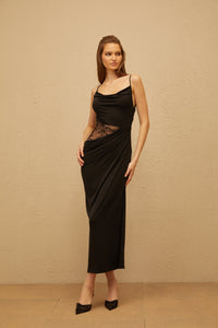 Madeleine Black Lace Panel Ruched Maxi Dress