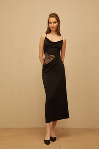 Madeleine Black Lace Panel Ruched Maxi Dress