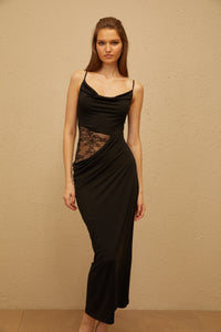 Madeleine Black Lace Panel Ruched Maxi Dress