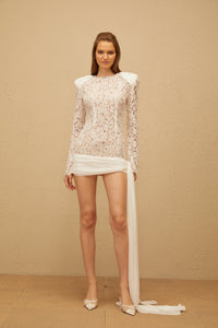 Noémie White Draped Embellished Lace Mini Dress