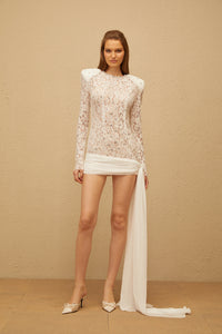 Noémie White Draped Embellished Lace Mini Dress