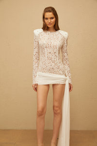 Noémie White Draped Embellished Lace Mini Dress
