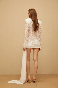 Noémie White Draped Embellished Lace Mini Dress
