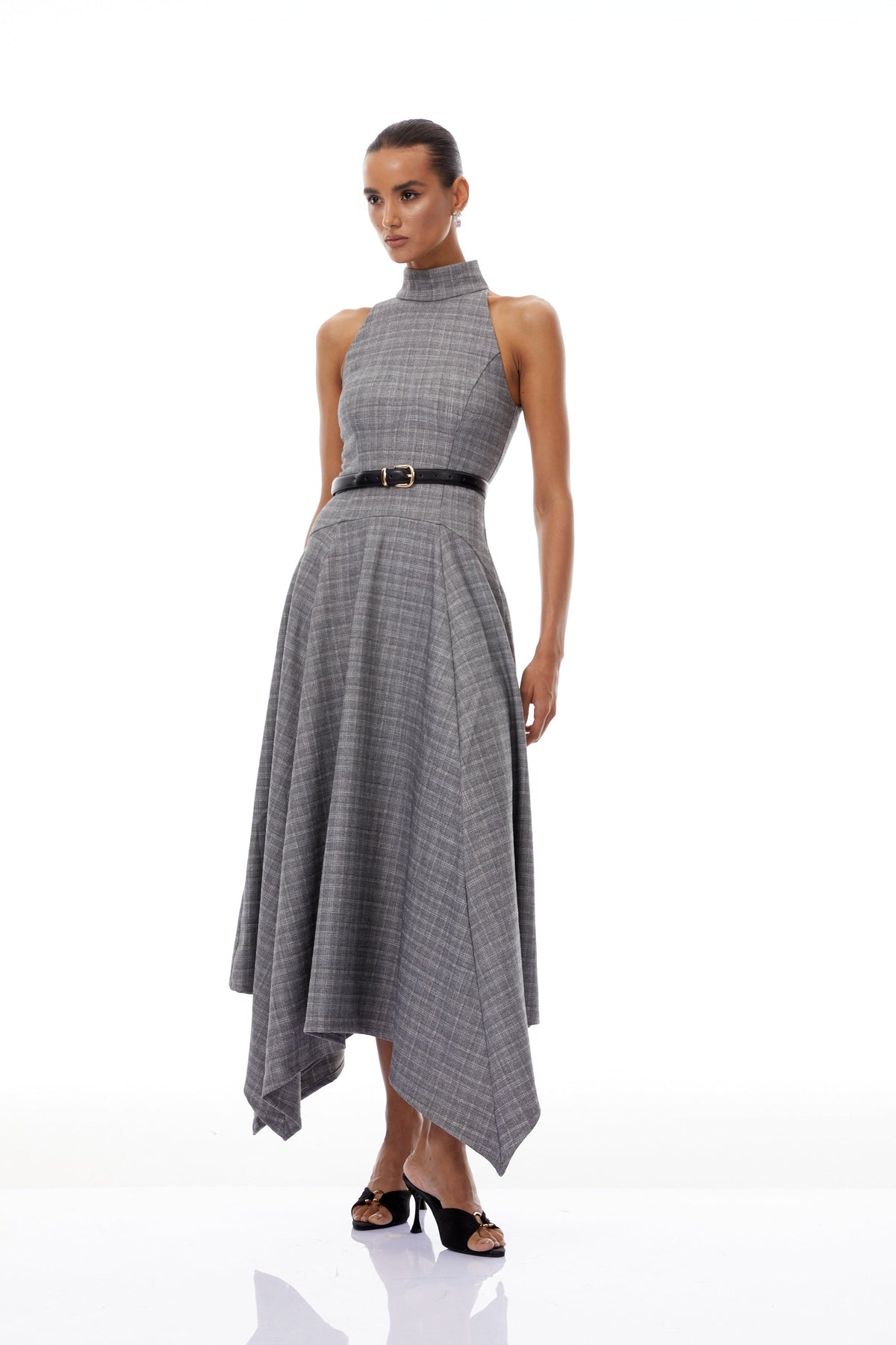Wilhemine Grey Checked Tweed Midi Dress (Without Belt)