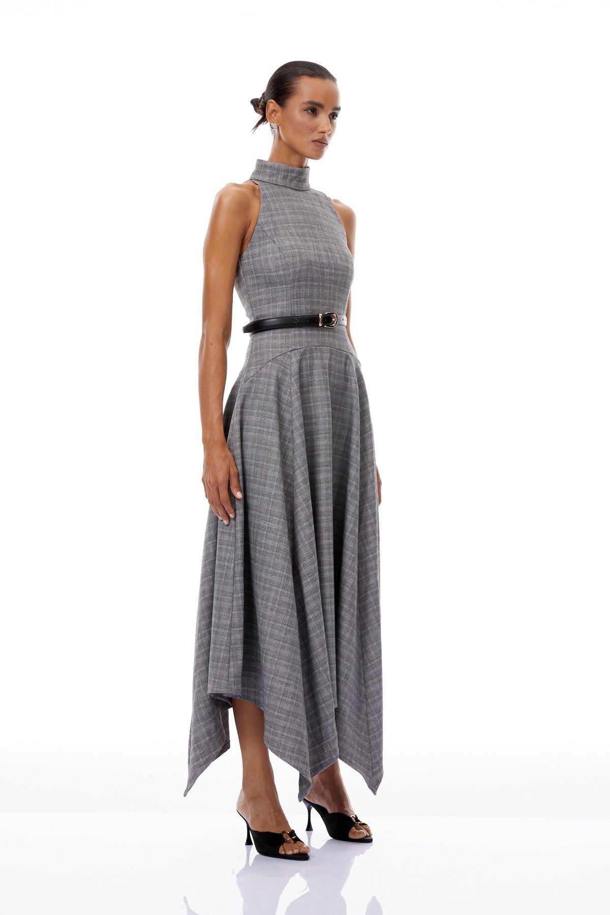 Wilhemine Grey Checked Tweed Maxi Dress (Without Belt)