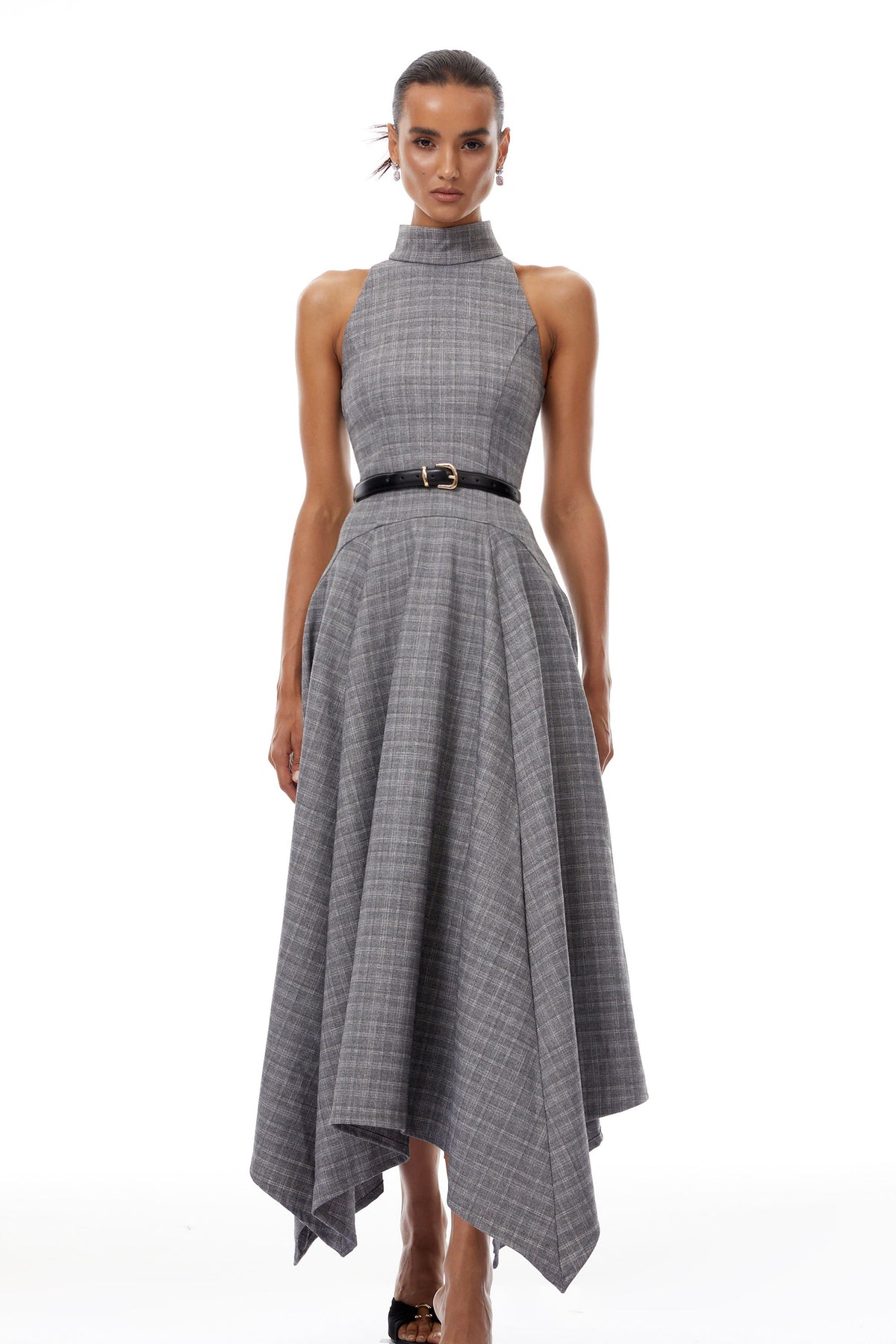 Wilhemine Grey Checked Tweed Maxi Dress (Without Belt)