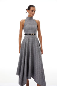 Wilhemine Grey Checked Tweed Maxi Dress (Without Belt)