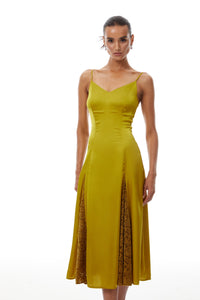Louise Green Flocked Lace Satin Midi Dress