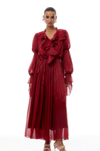 Ophélie Red Glossy Ruffled Pleated Maxi Dress