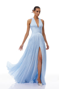 Térébenthine Blue Glossy Gathered Maxi Dress