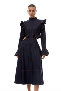 Wilhelmine Indigo Blue Ruffled Denim Midi Dress