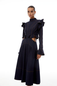 Wilhelmine Indigo Blue Ruffled Denim Midi Dress