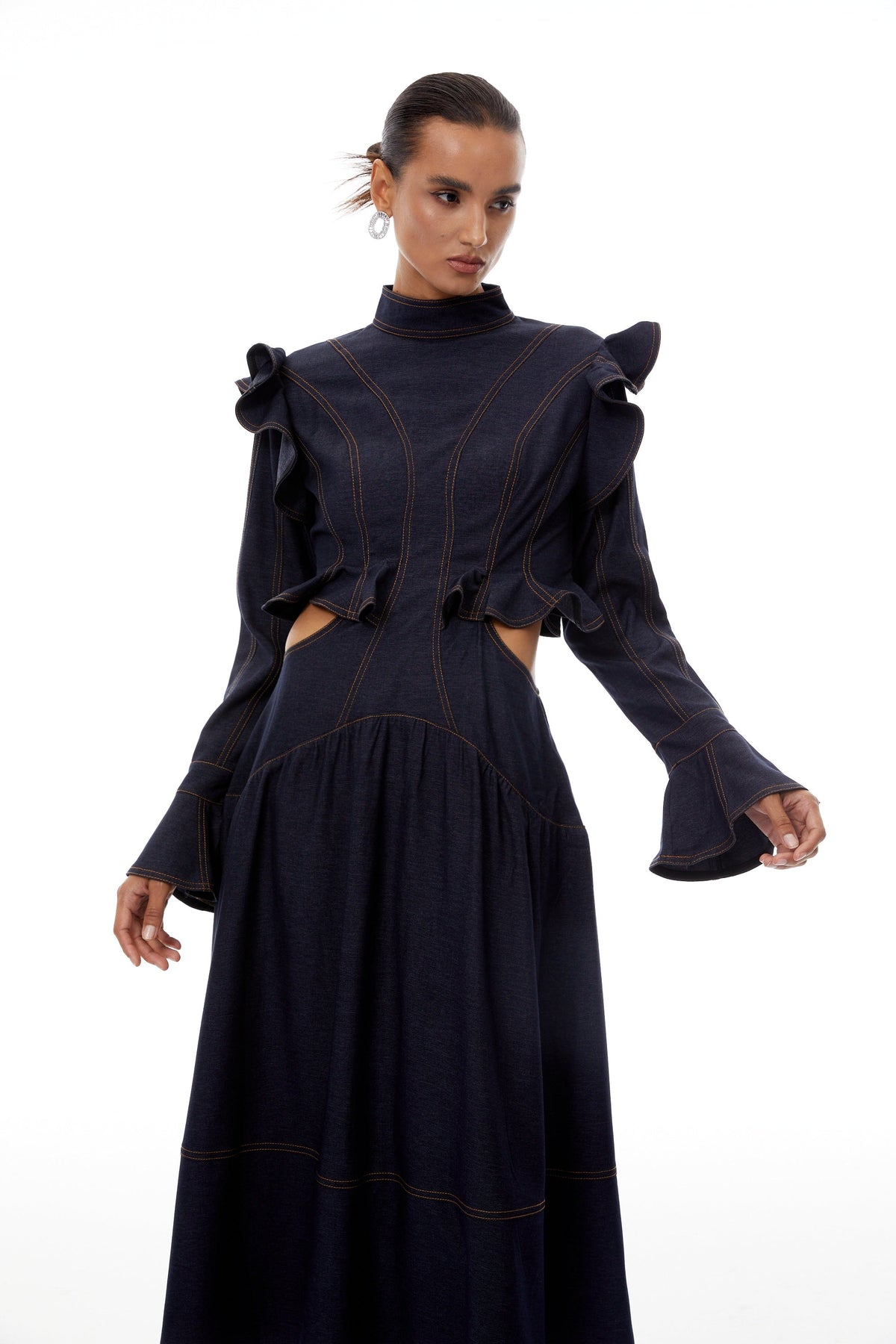 Wilhelmine Indigo Blue Ruffled Denim Midi Dress