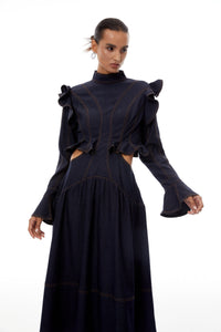 Wilhelmine Indigo Blue Ruffled Denim Midi Dress