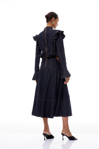 Wilhelmine Indigo Blue Ruffled Denim Midi Dress