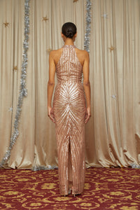 Maxanne Rose Gold Halterneck Embellished Maxi Dress
