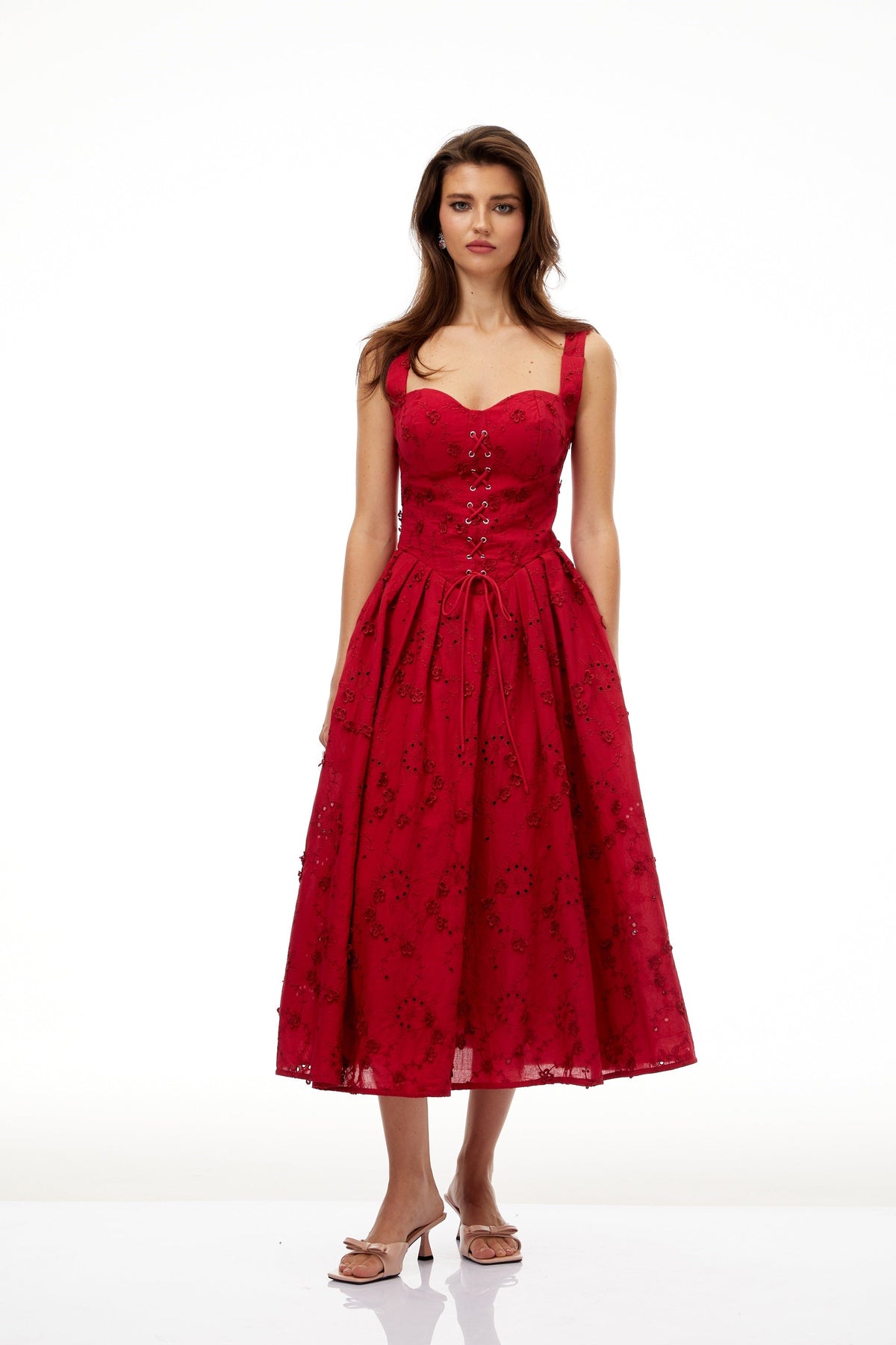 Panna Red Floral Embroidered Corset Midi Dress