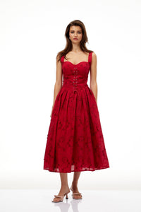 Panna Red Floral Embroidered Corset Midi Dress