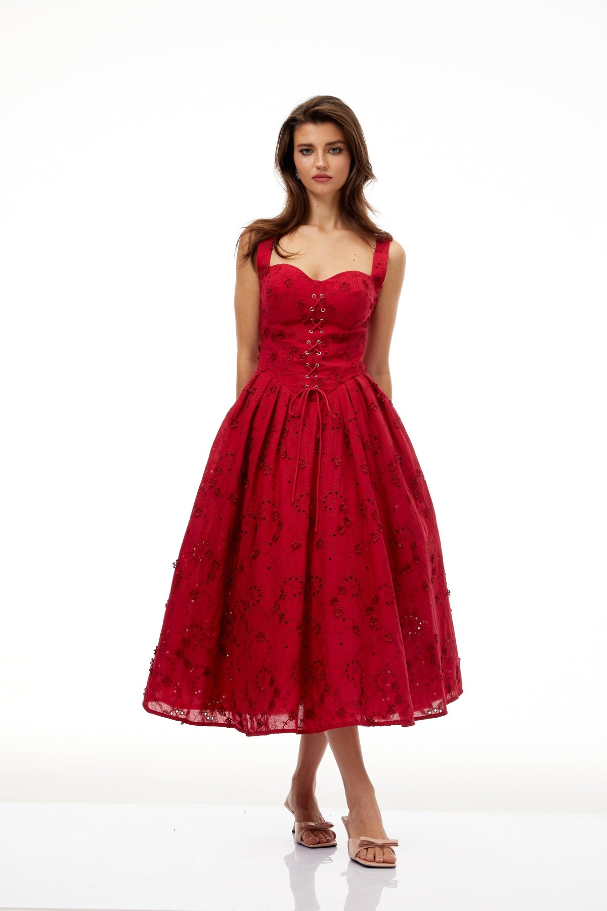 Panna Red Floral Embroidered Corset Midi Dress