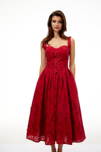 Panna Red Floral Embroidered Corset Midi Dress