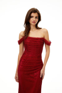 Scarlet Red Off-Shoulder Rhinestone Evening Gown