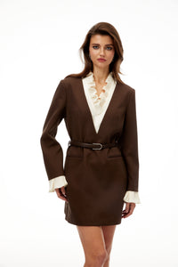 Agata Brown Ruffled Trim Mini Blazer Dress