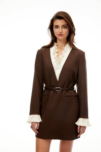 Agata Brown Ruffled Trim Mini Blazer Dress