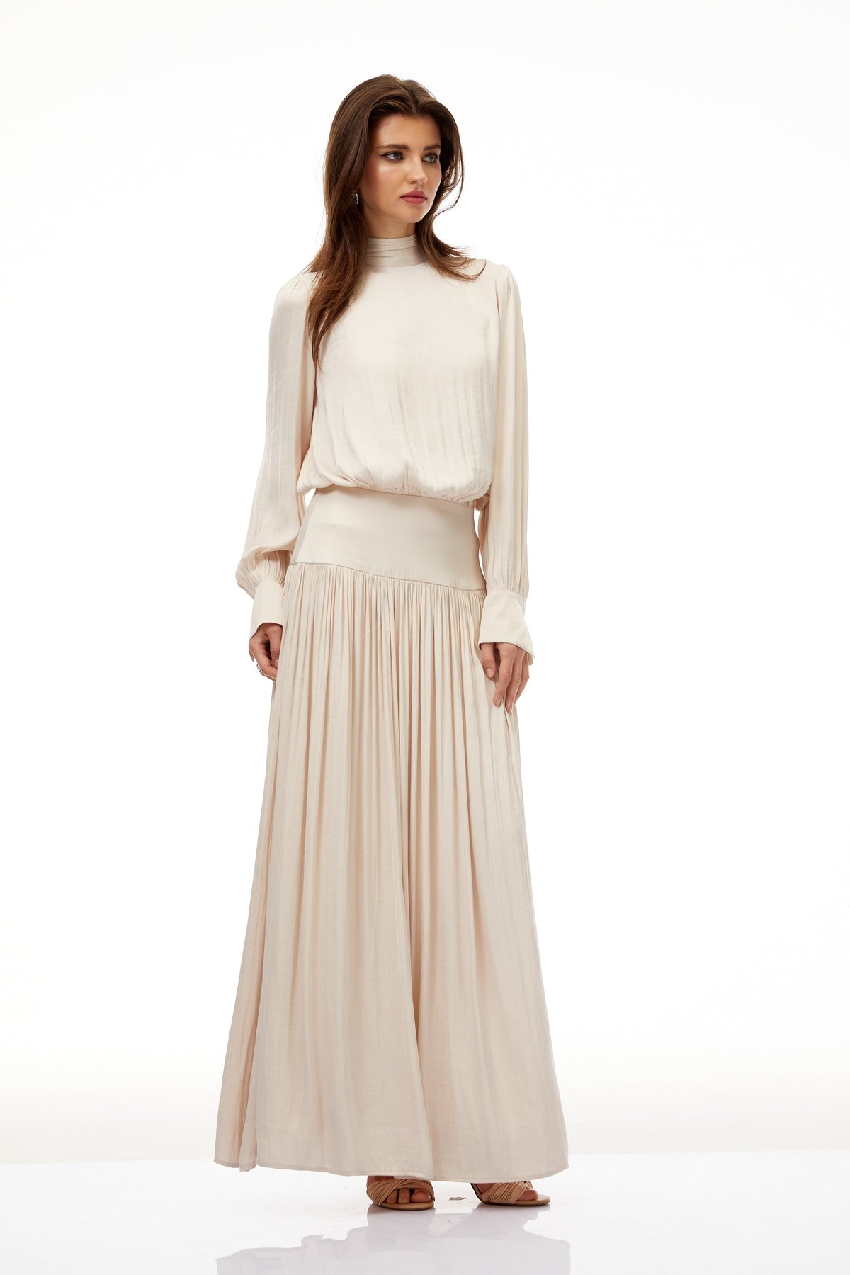 Valérie Neutral Self-Tie Pleated Maxi Dress