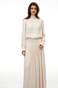 Valérie Neutral Self-Tie Pleated Maxi Dress