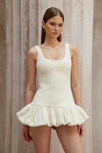 Laetitia White Furry Ribbed Knit Mini Dress