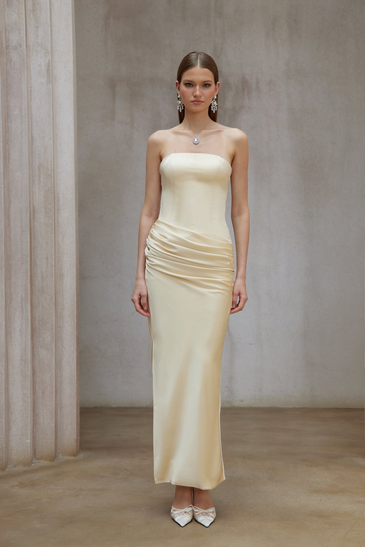 Adélade Yellow Ruched Satin Corset Maxi Dress