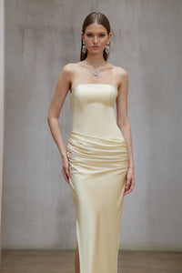 Adélade Yellow Ruched Satin Corset Maxi Dress