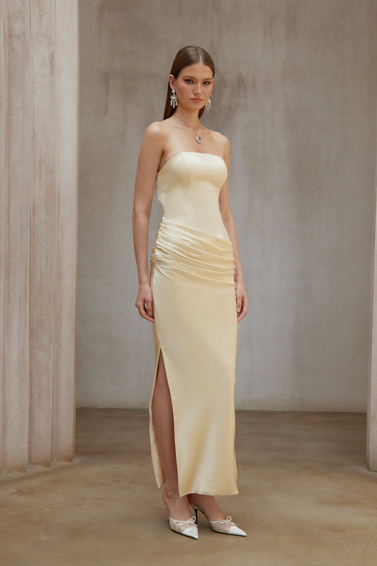 Adélade Yellow Ruched Satin Corset Maxi Dress