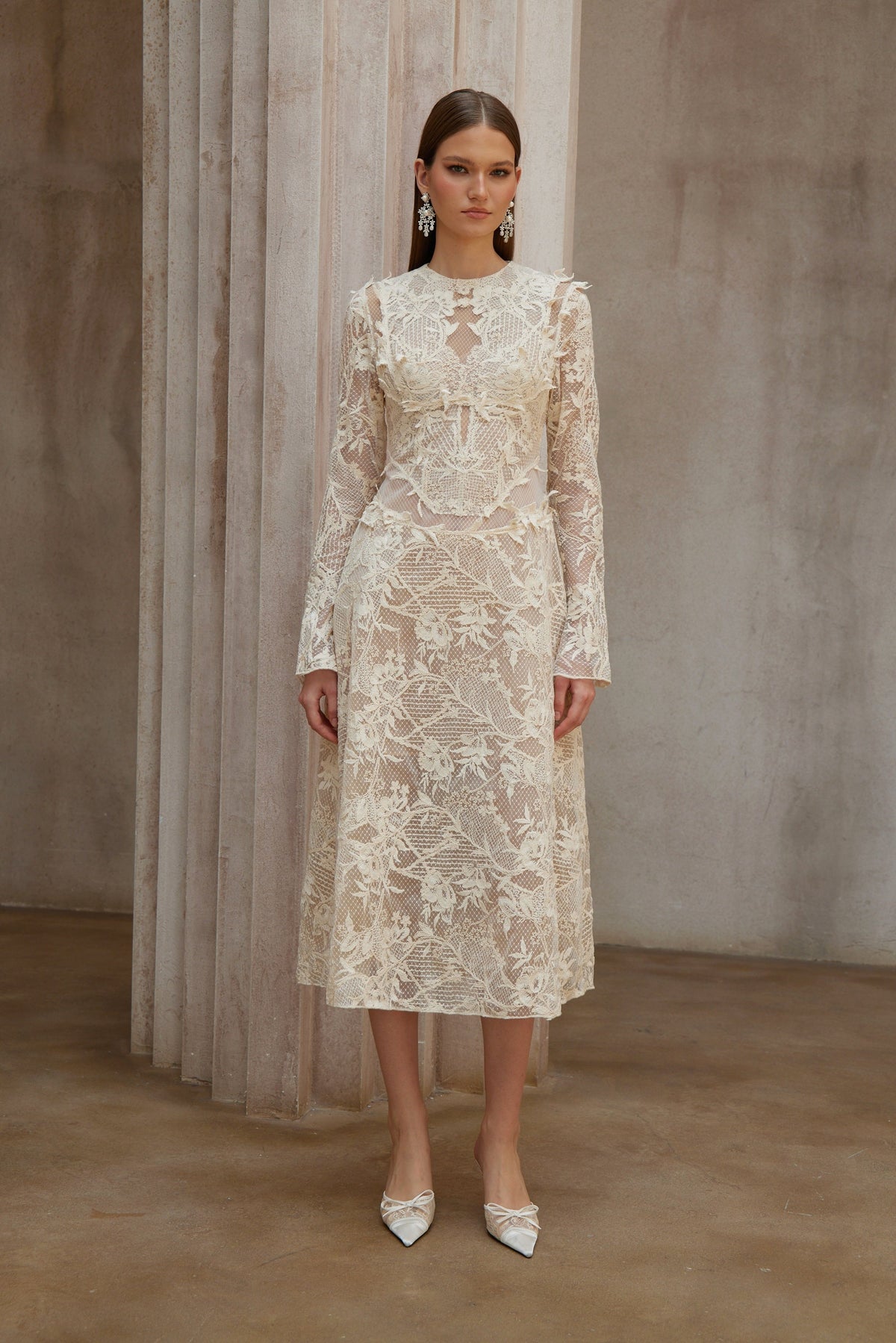 Amber White Long Sleeve Floral Lace Midi Dress