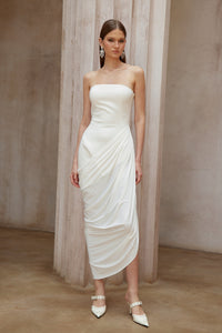 Wanda White Asymmetrical Ruched Midi Dress