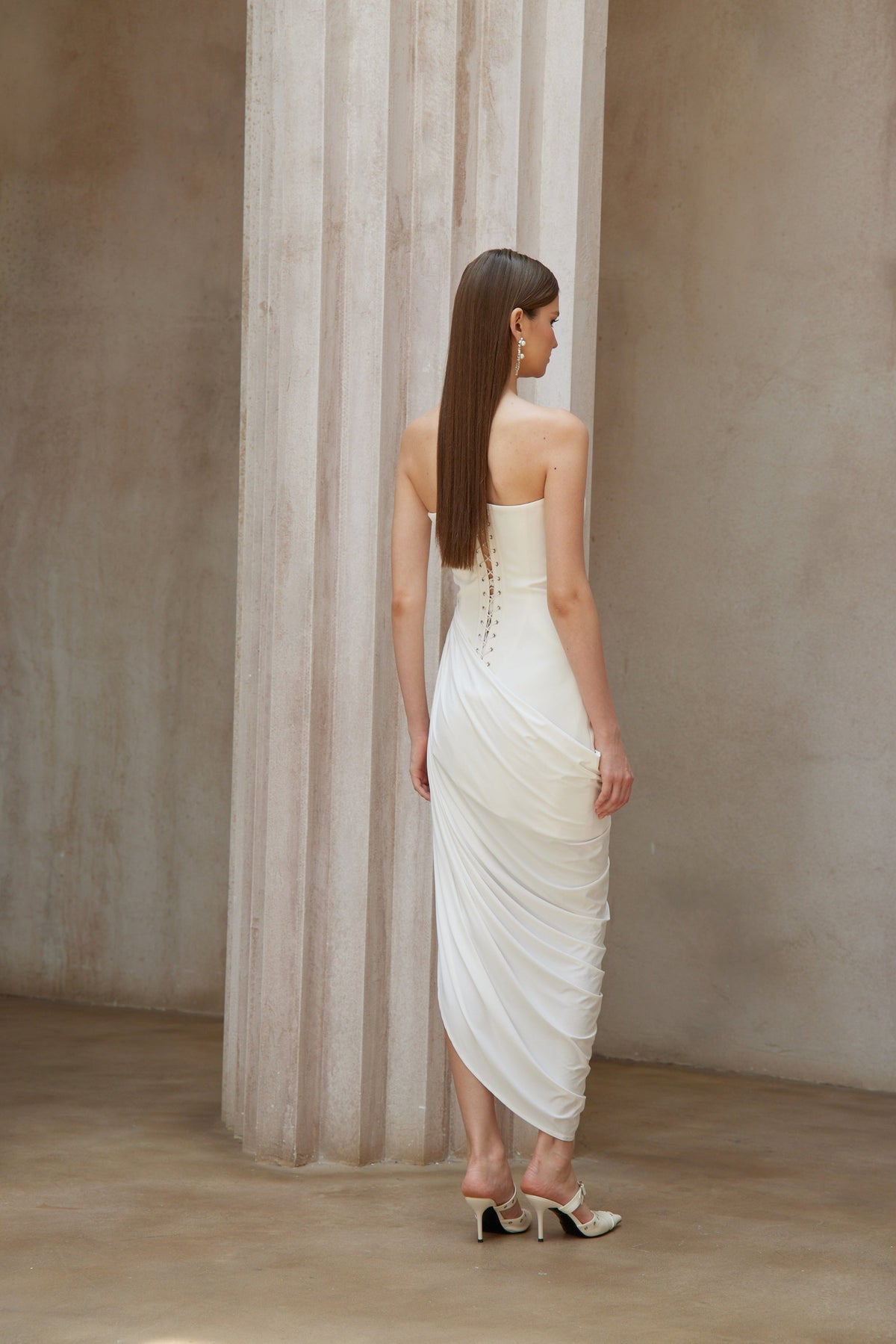 Wanda White Asymmetrical Ruched Midi Dress