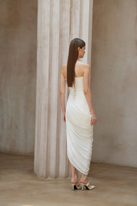 Wanda White Asymmetrical Ruched Midi Dress