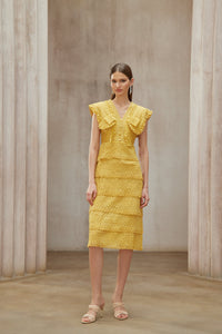 Fidji Yellow Layered Embroidered Midi Dress